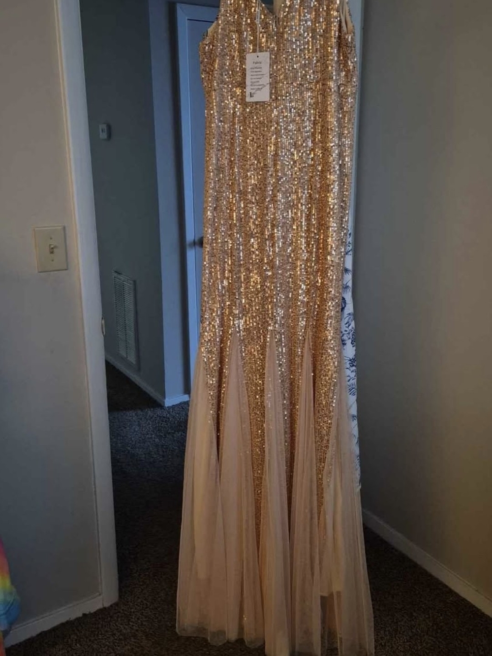 Sequin and Tulle Champagne Evening Gown